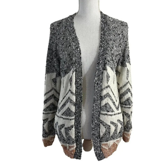 Full Tilt Open Knit Black and White Shrug Cardigan Sweater Striped Geometric Med - Picture 1 of 9